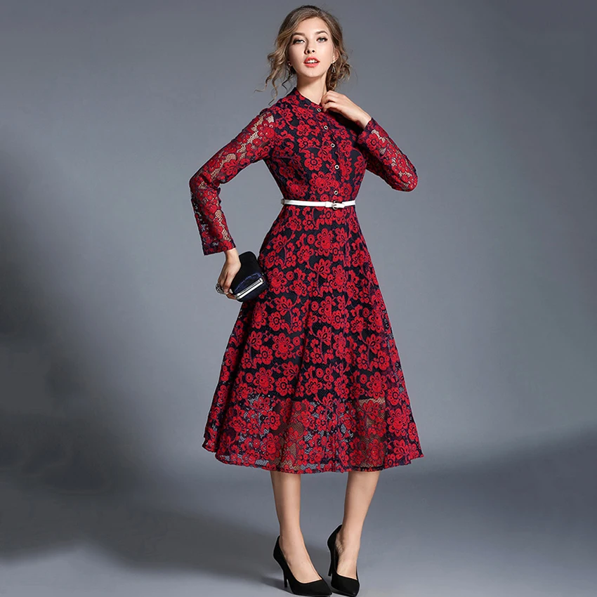 2017 осеннее платье элегантное женское кружевное с длинным рукавом винтажное