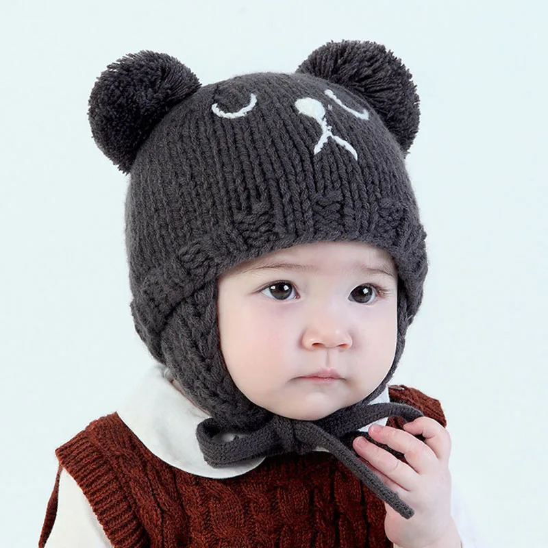 Gray Bear Новинка года, вязаная детская шапка с ушками, мультяшная ручная работа, детский чепчик, зимняя детская шапочка розового/белого/бежевого цвета для детей 5-18 месяцев - Цвет: Gray Bear