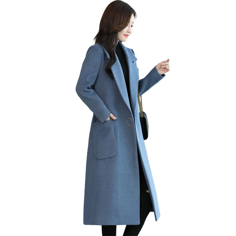 

2019 Fashion New Minimalist Women's Popular Long Section Over Knee Wool Coat Winter Temperament Jacket Female Blue Woolen Coats