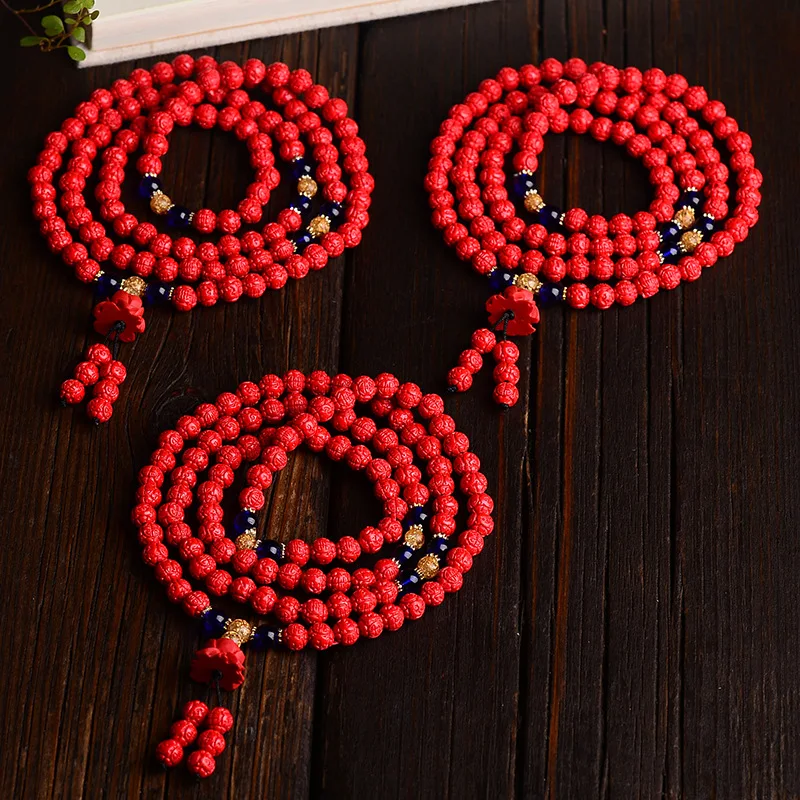 Оптовые красные натуральные браслеты цвета Киновари 6 мм бусина лотоса с кулоном