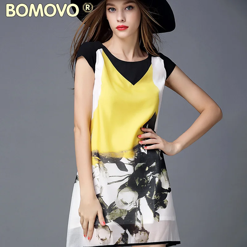 queen 2015 summer women new european and american big round neck short sleeve dress printed organza a-line |