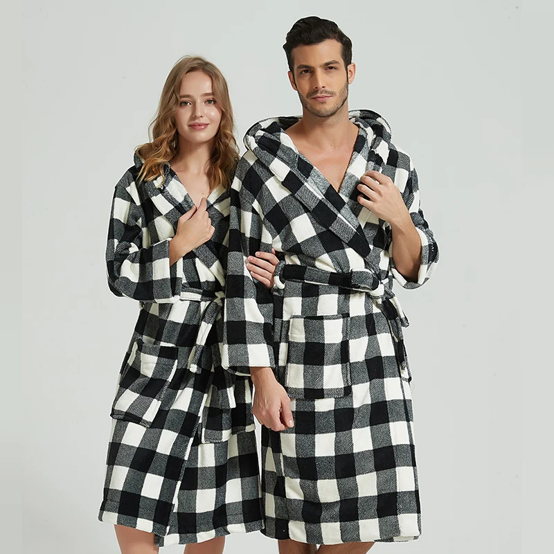 

Hooded robe flannel lovers nightgown men women bathrobes coral fleece thick long-sleeved pajamas home service bathrobe