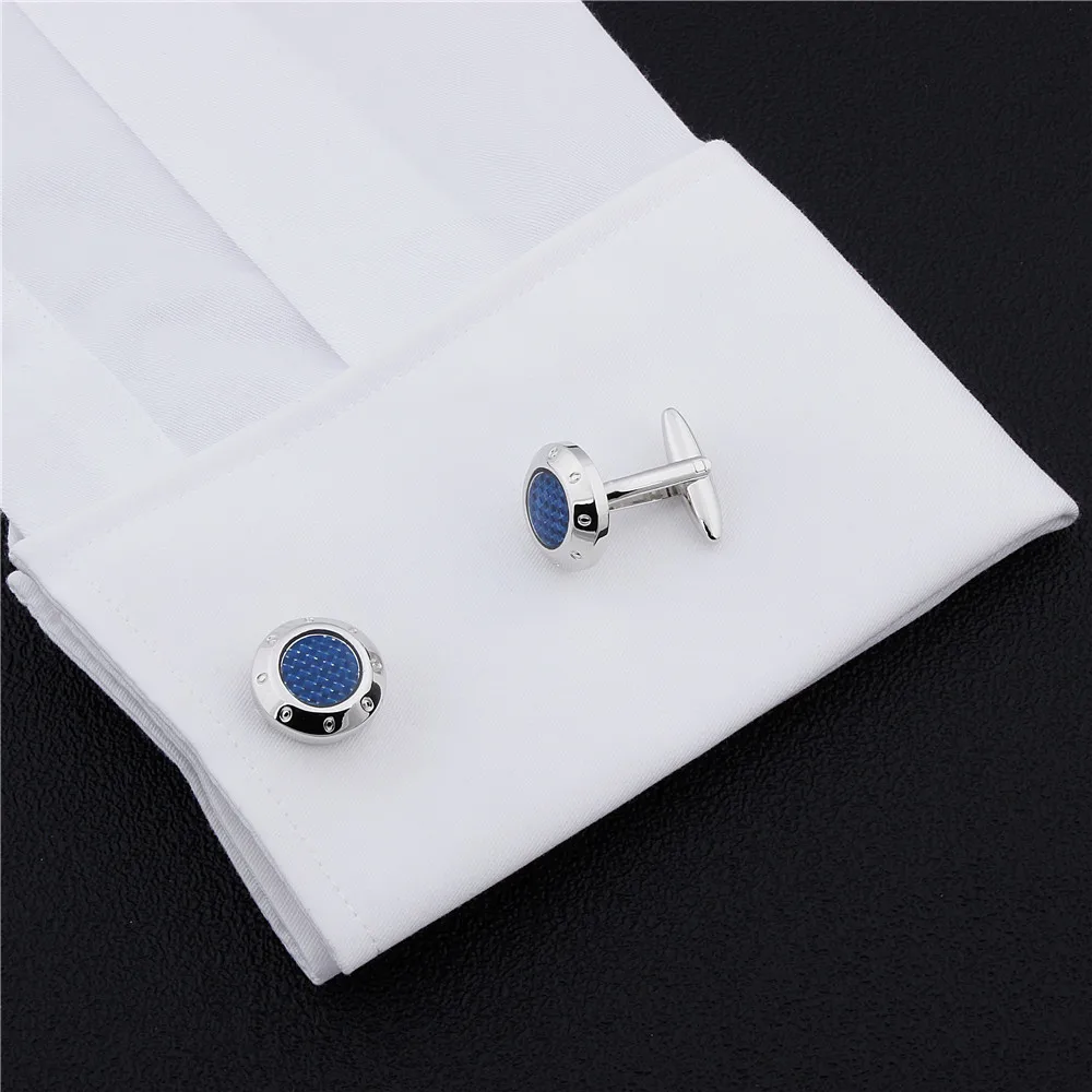 Эмаль с синей углеродистой тканью круглая Мужская рубашка Запонки платье