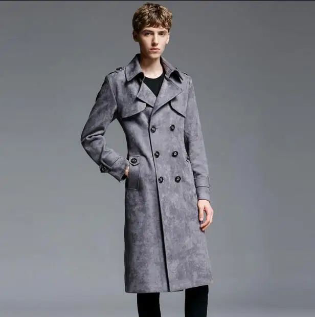 

Suede windbreaker jacket super long 2020 spring and autumn new double-breasted deer suede coat men's over the knee coat