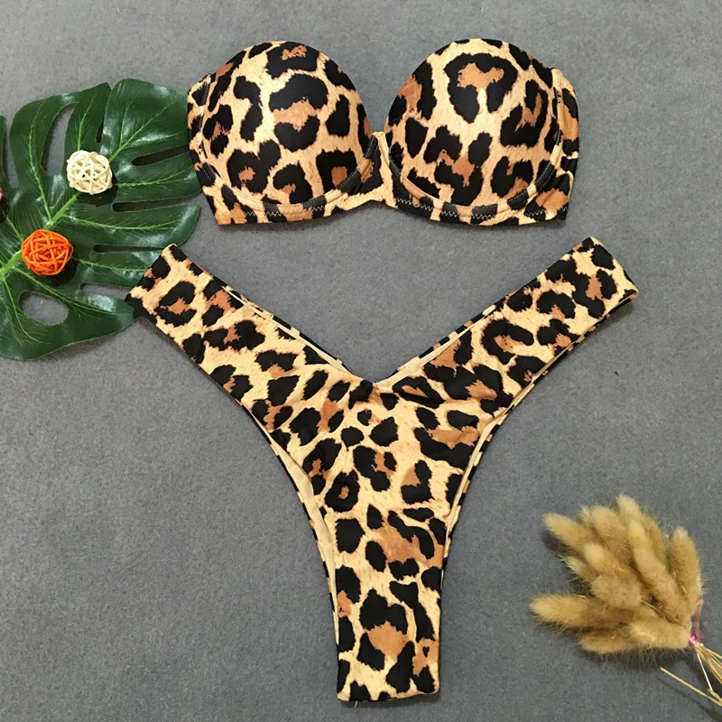 

2019 new women bikini set strapless bandage push-up padded swimwear swimsuit bathing sexy leopard solid monokini beachwear