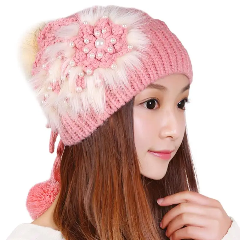 Зимняя шапка женская вязаная теплая пудра зимние шапки из натурального жемчуга