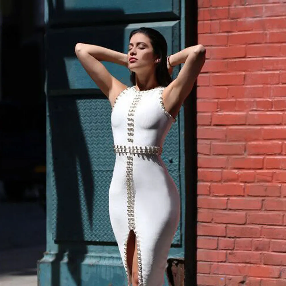 Белый цвет вид спереди сплит-платье без рукавов с бусинами Праздничное платье на