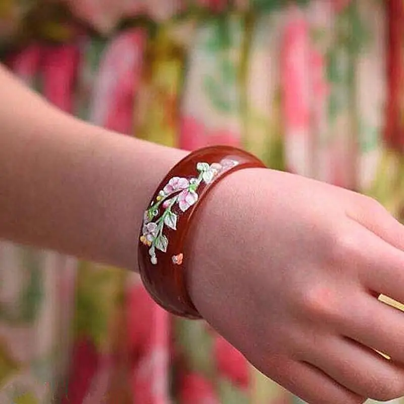 58-63 mm Genuine Natural Red Agate Woman Bangle with Flower Wide Retro Bracelet | Bangles