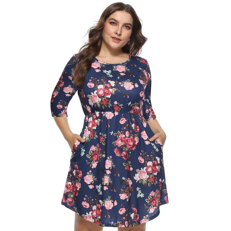 Plus Size Floral Print Tunic Women Dress Three Quarter Sleeve Autumn Summer Elegant Vocation 4XL Party Mini Dresses | Женская одежда