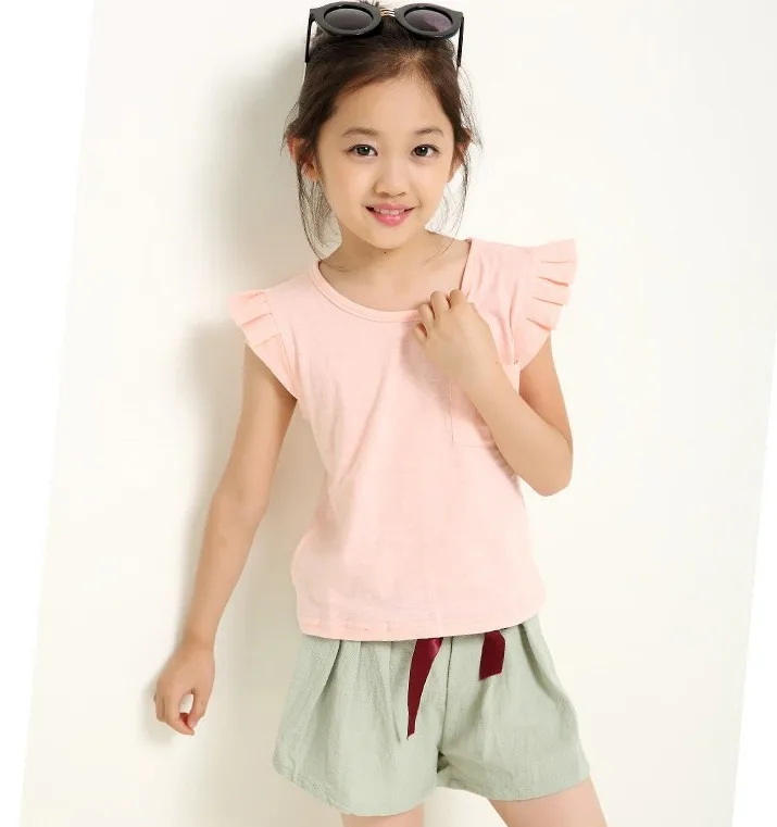 

Комплект летней детской одежды, однотонный топ с коротким рукавом-лепестком и шорты для девочек, для начинающих ходить детей