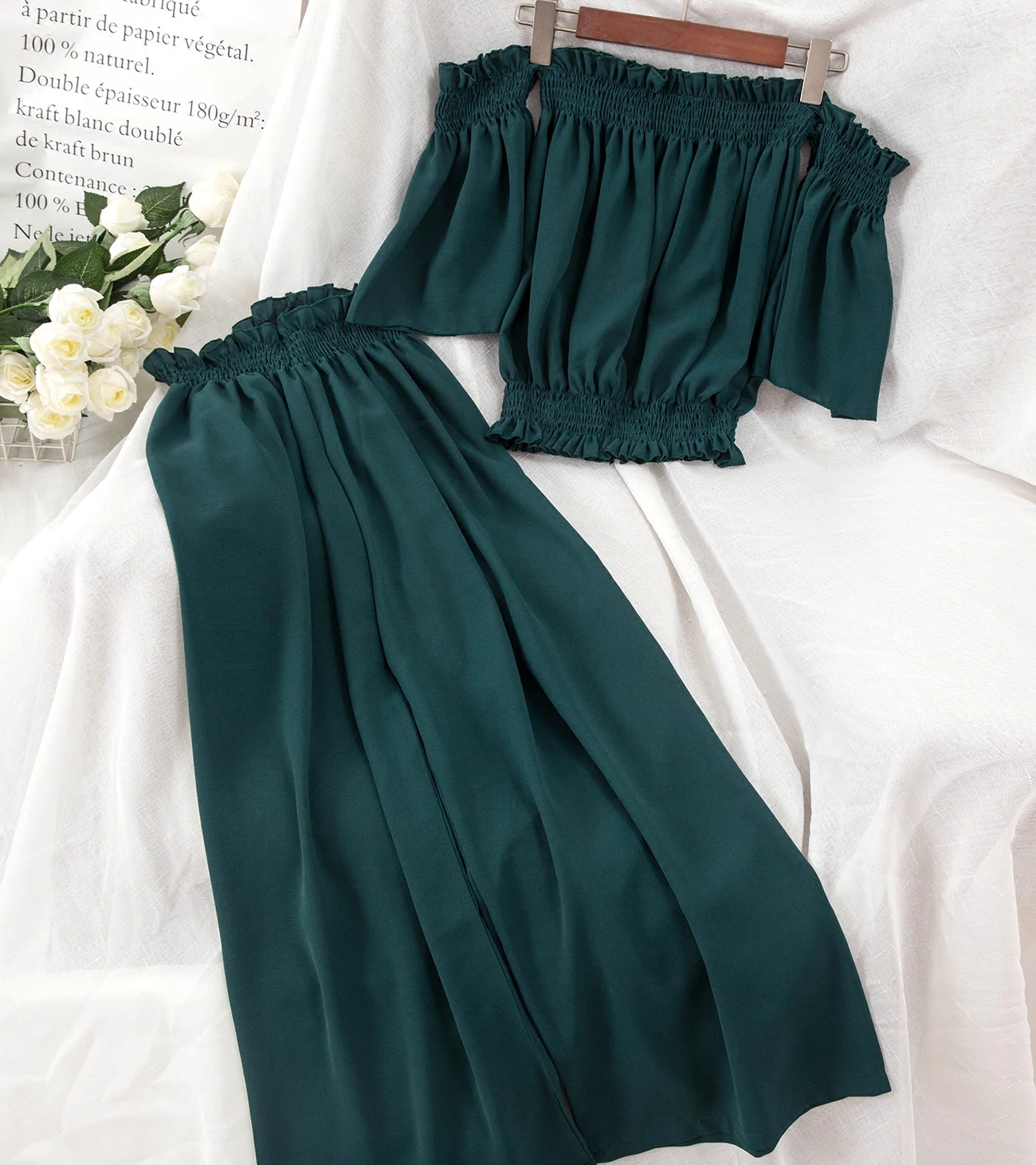 Женский шифоновый костюм ALPHALMODA комплект из топа и брюк с широкими штанинами