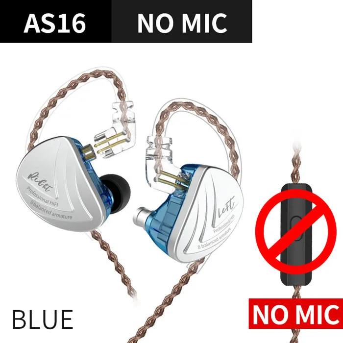 blue no mic KZ AS16 16BA блоки сбалансированные арматура Hifi бас в ухо монитор наушники шумоподавления наушники для телефона - Цвет: blue no mic