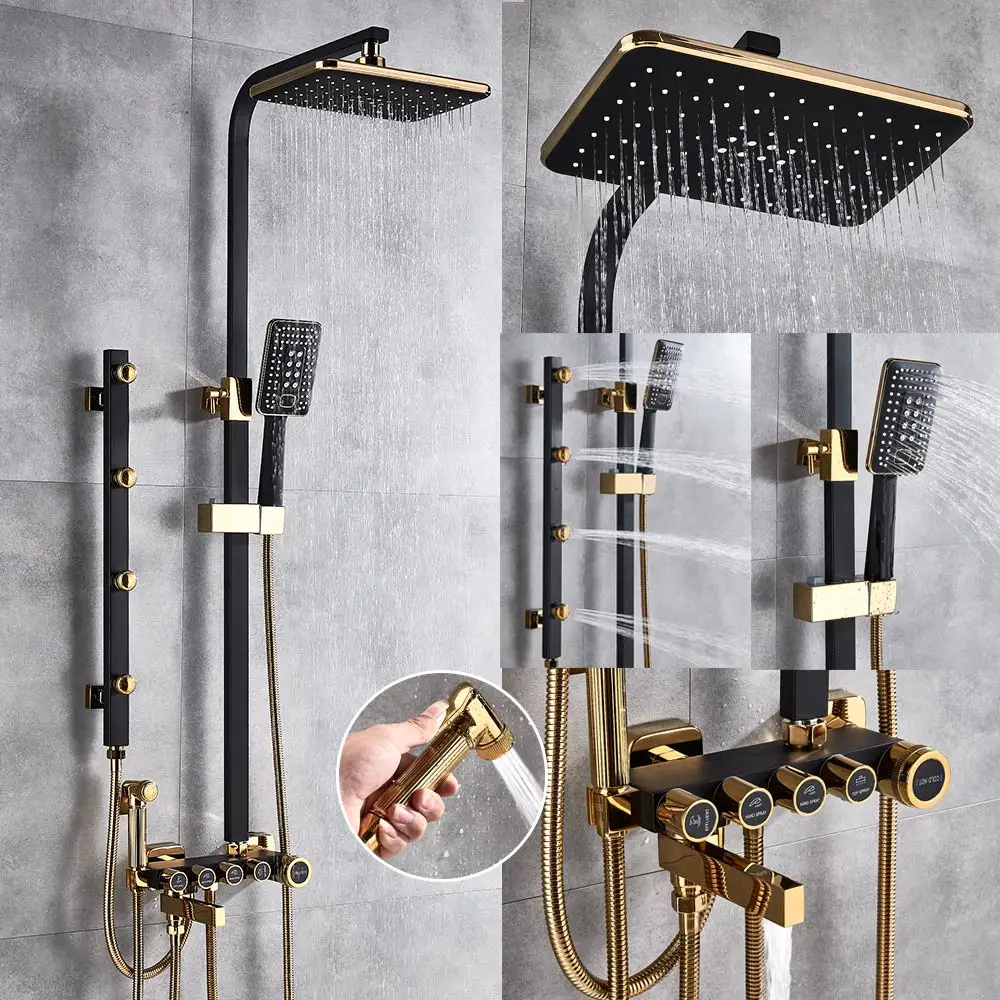 Black with gold Uthyner роскошный черный/хром/белый душевой Набор кран латунный смеситель биде опрыскиватель массажные струи смеситель для душа поворотный кран для ванной носик - Цвет: Black with gold