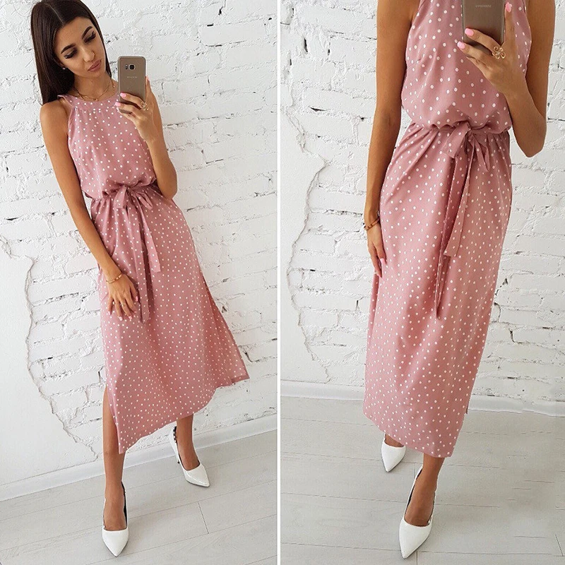 Женское свободное платье с бретельками в горошек без рукавов Элегантное летнее