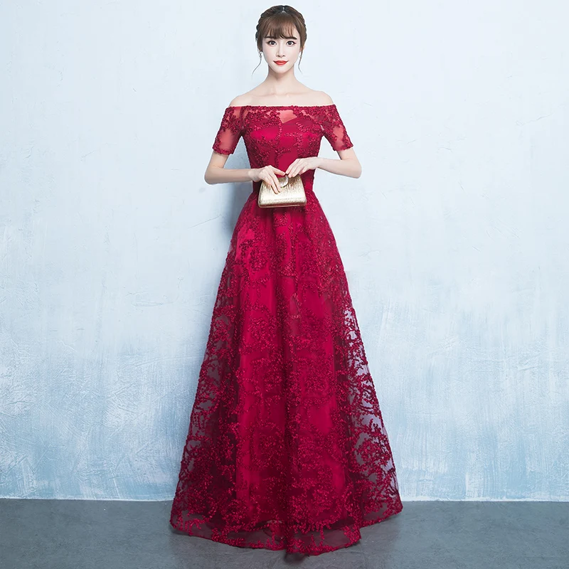 Noble Women Off Shoulder Full Length Appliques Cheongsam Elegant Evening Party Gowns Royal Classic Red Bridesmaid Wedding Dress |