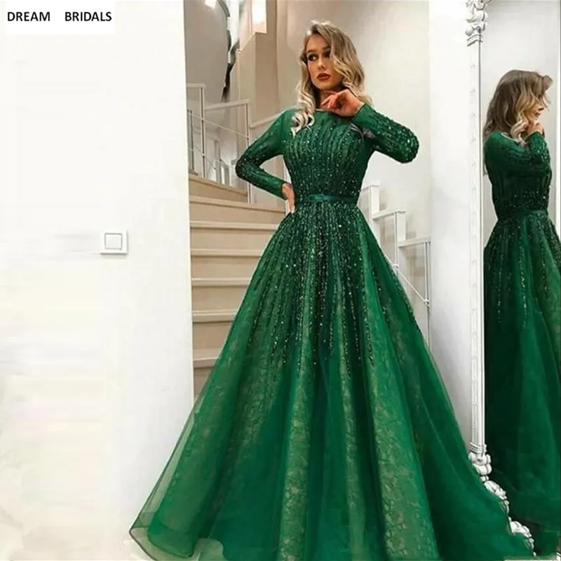 

Saudi Arabia Green Shiny Beading Sequined Evening Dresses Long Sleeves Abiye Lace Prom Gowns Vestido Longo Abendkleider 2019