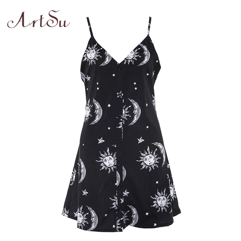 Женское платье с открытыми плечами ArtSu готическое черное на бретелях принтом