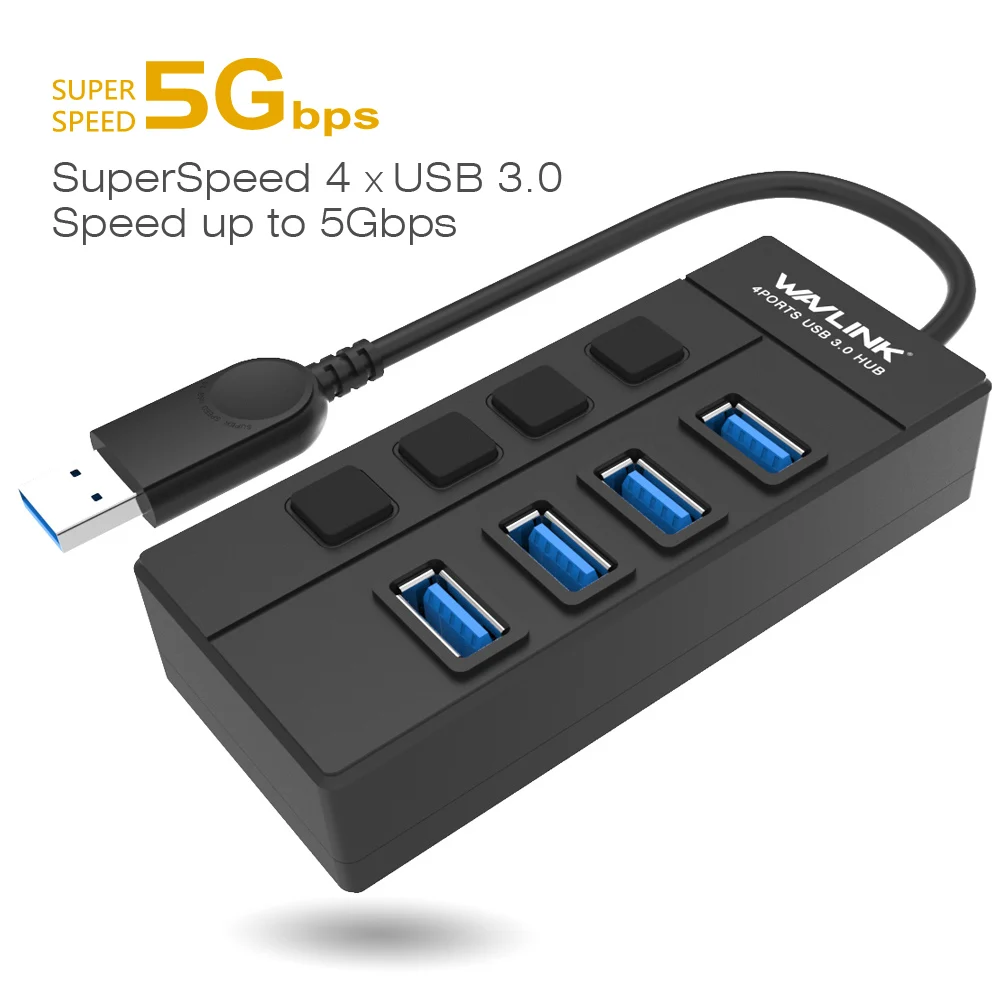 Wavlink 4 порта USB3.0 концентратор Высокоскоростной 5 Гбит/с usb-хаб с индивидуальным переключателем вкл/выкл usb-хаб сплиттер адаптер для Windows ноутбука ПК