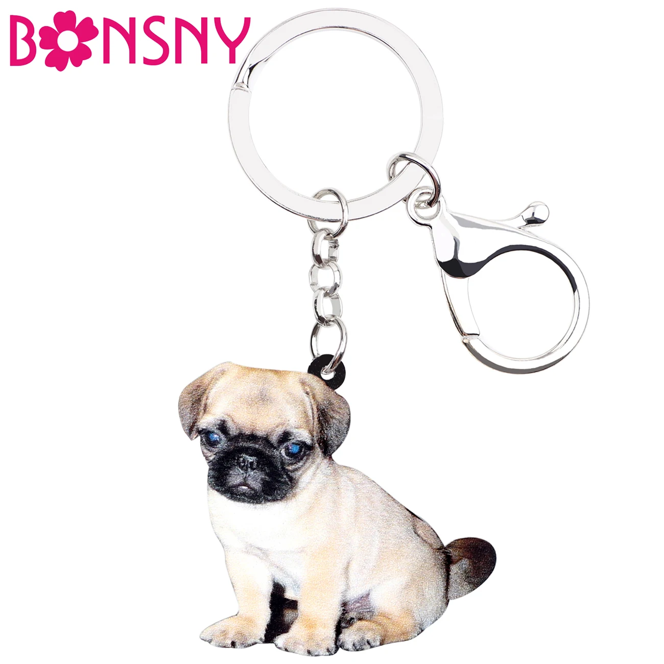 

Bonsny Acrylic Pug Dog Key Chains Keychains Rings Cartoon Fashion Animal Jewelry For Women Girls Gift Bag Car Charms Pendant Hot