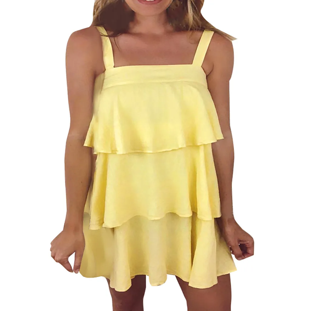 Женское летнее платье без рукавов однотонное с оборками сексуальное бахромой в