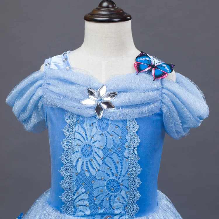 Christmas Girls Dress Long A-line Cute Princess Short Sleeve Blue With Appliques Butterfly Evening Dresses | Детская одежда и