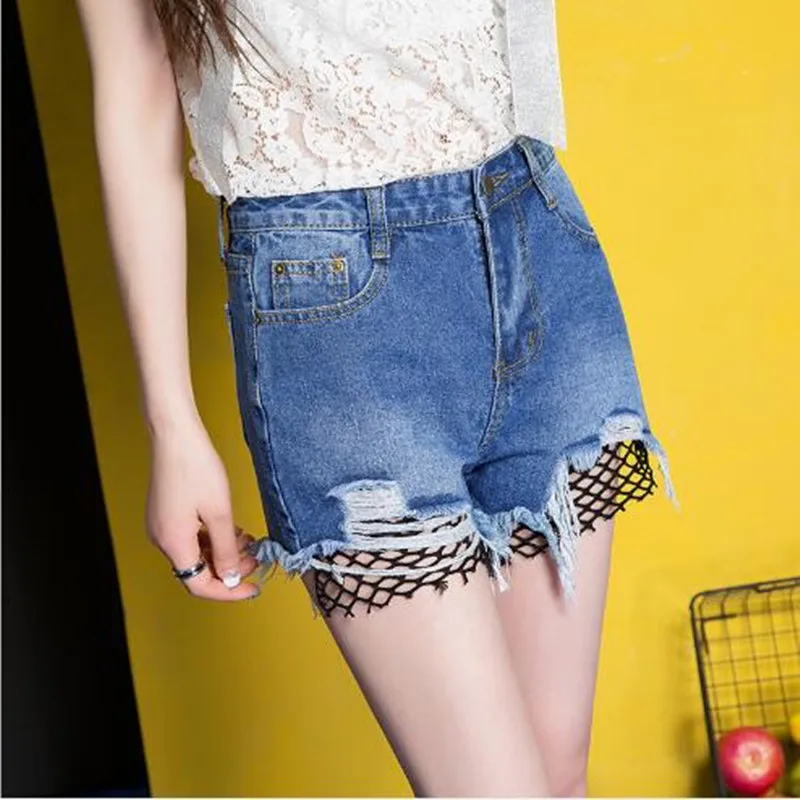 Women 2018 summer fishnet hollow out mesh hot pants with holes loose casual wide leg crochet jeans short denim shorts for female | Женская