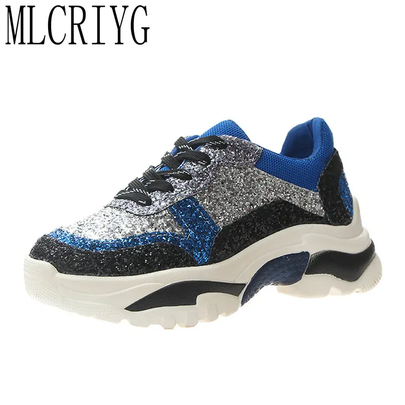 Женские кроссовки на плоской подошве Элегантные Блестящие Кроссовки синего