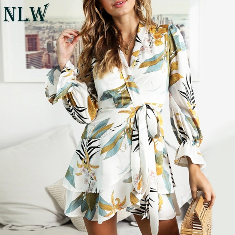 NLW Feminino wrap зимние платья Vestido с оборками богемное цветочное вечернее платье vestidos