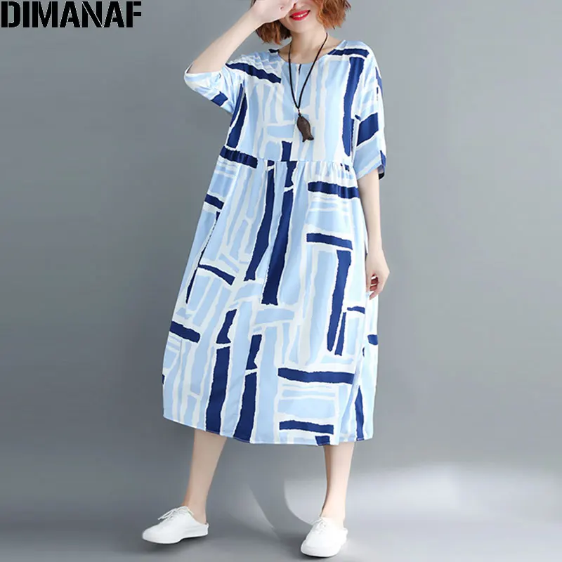 DIMANAF, женское платье, летнее, Пляжное, элегантное, в полоску, размера плюс, большой,, повседневное, женское, Ретро стиль, Круглый ворот, больше размера, d, свободное, синее, платья