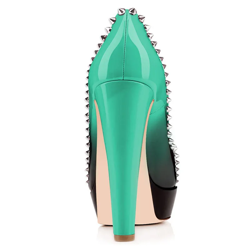 

FSJ Women Fashion Yellow Black Gradient Shoes Peep Toe Platform Pumps High Heels Slip On Rivets Studded Dress Shoes Size 4-16 US