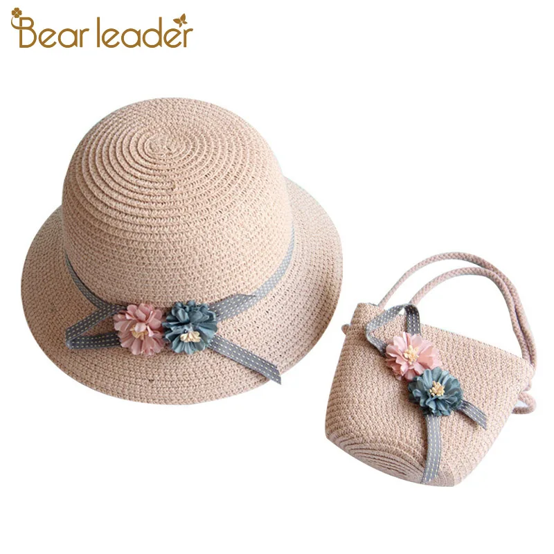 

Bear Learder Hat Baby 2021 Summer Cap Breathable Straw Hats Children's Flower sunhat Kids Cute Solid Girls Hats and bag set