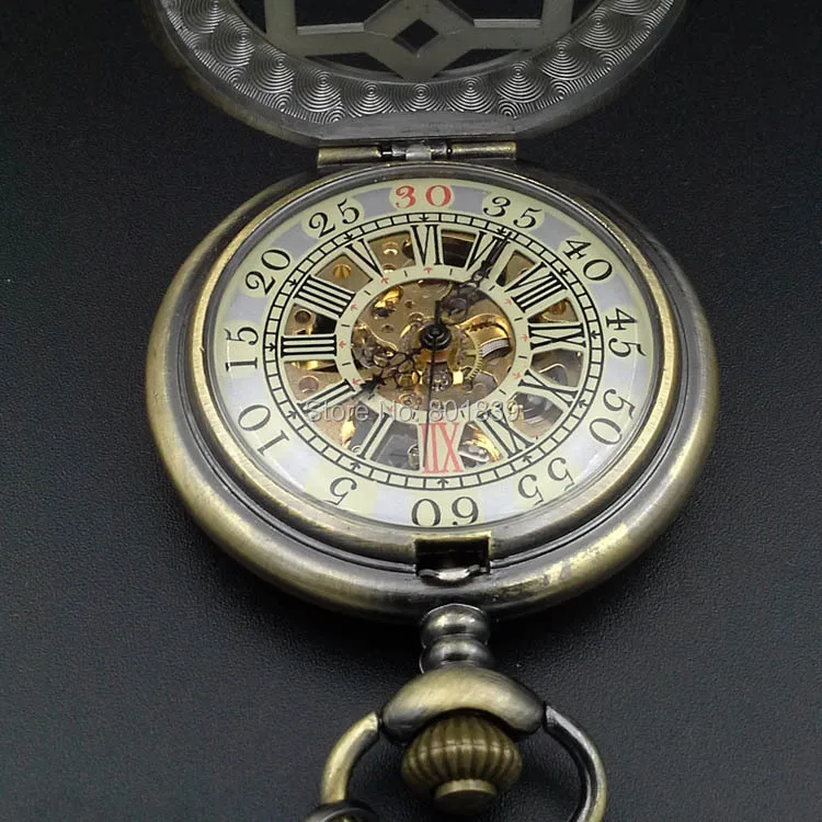 Bronze Tone Steampunk Skeleton Mechanical Hand Wind Pocket Watch w/Chain Half Hunter Luxury Timepiece | Наручные часы