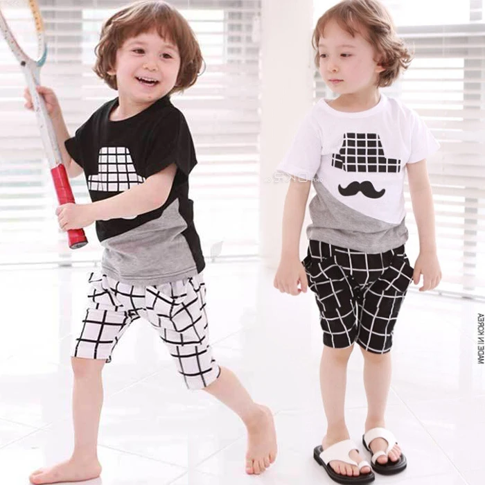 Kids boy good set summer 2018 children boys patchwork print sports T-shirt + plaid shorts clothes 2-7 years ! |