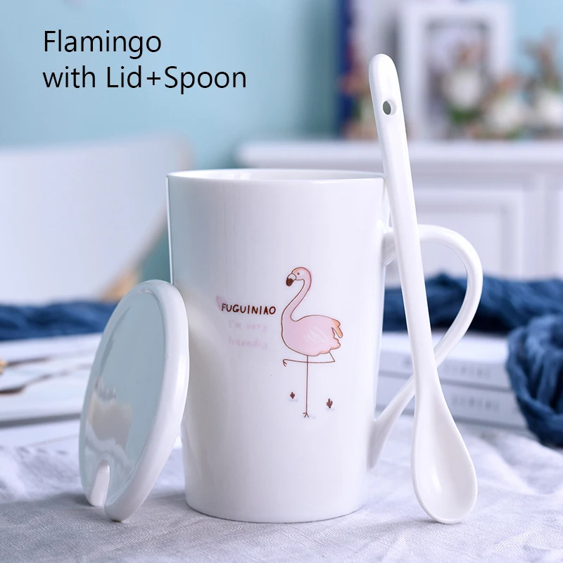 Flamingo Spoon Lid Unibird 400 мл Мультяшные керамические кружки с чаем для заварки влюбленных подарок кофейные кружки Питьевая чашка посуда для напитков молочный стакан для завтрака - Цвет: Flamingo Spoon Lid