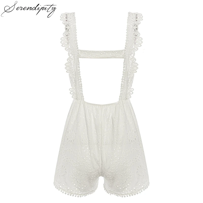 Женский кружевной комбинезон с вышивкой белый пикантный летний открытой спиной