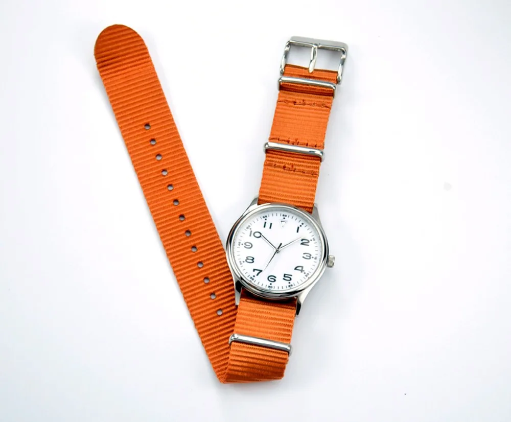 Повседневные часы с нейлоновым ремешком белый циферблат оранжевый ремешок