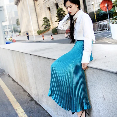 lake blue(long 83cm) Летняя модная винтажная Серебристая золотая металлическая однотонная Расклешенная юбка макси с высокой талией, пляжные длинные плиссированные юбки для женщин - Цвет: lake blue(long 83cm)