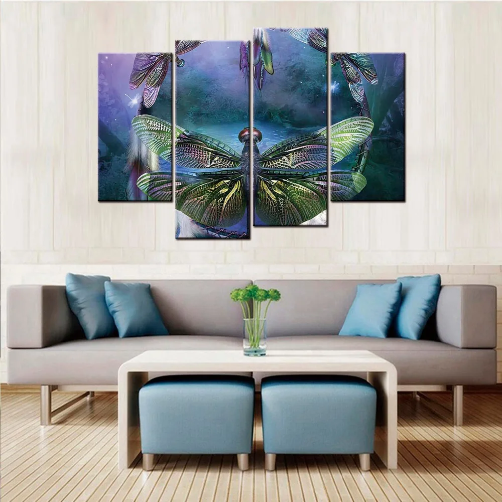 

4 piece wall art home decor purple butterfly With dragonflies wall pictures for living room modular picture paintings poster