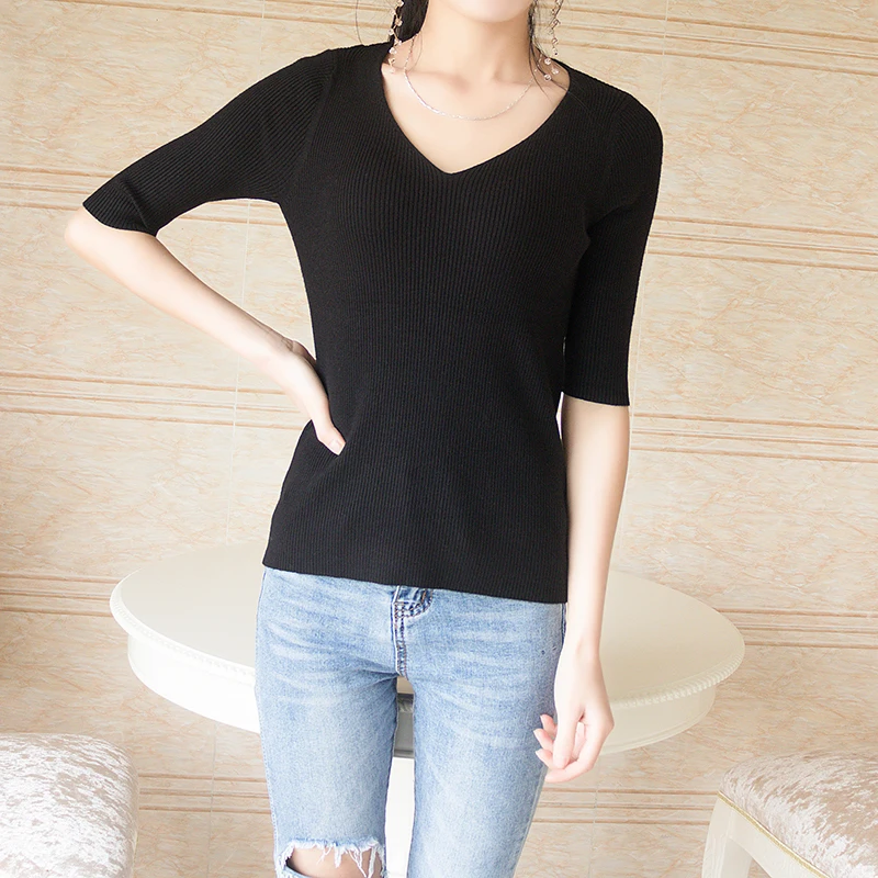 Knitting Womens Sweaters New Korean Bottom half Sleeve Black blue beige V-collar Winter Tops Sweater Women Thin Pullover Jumper | Женская
