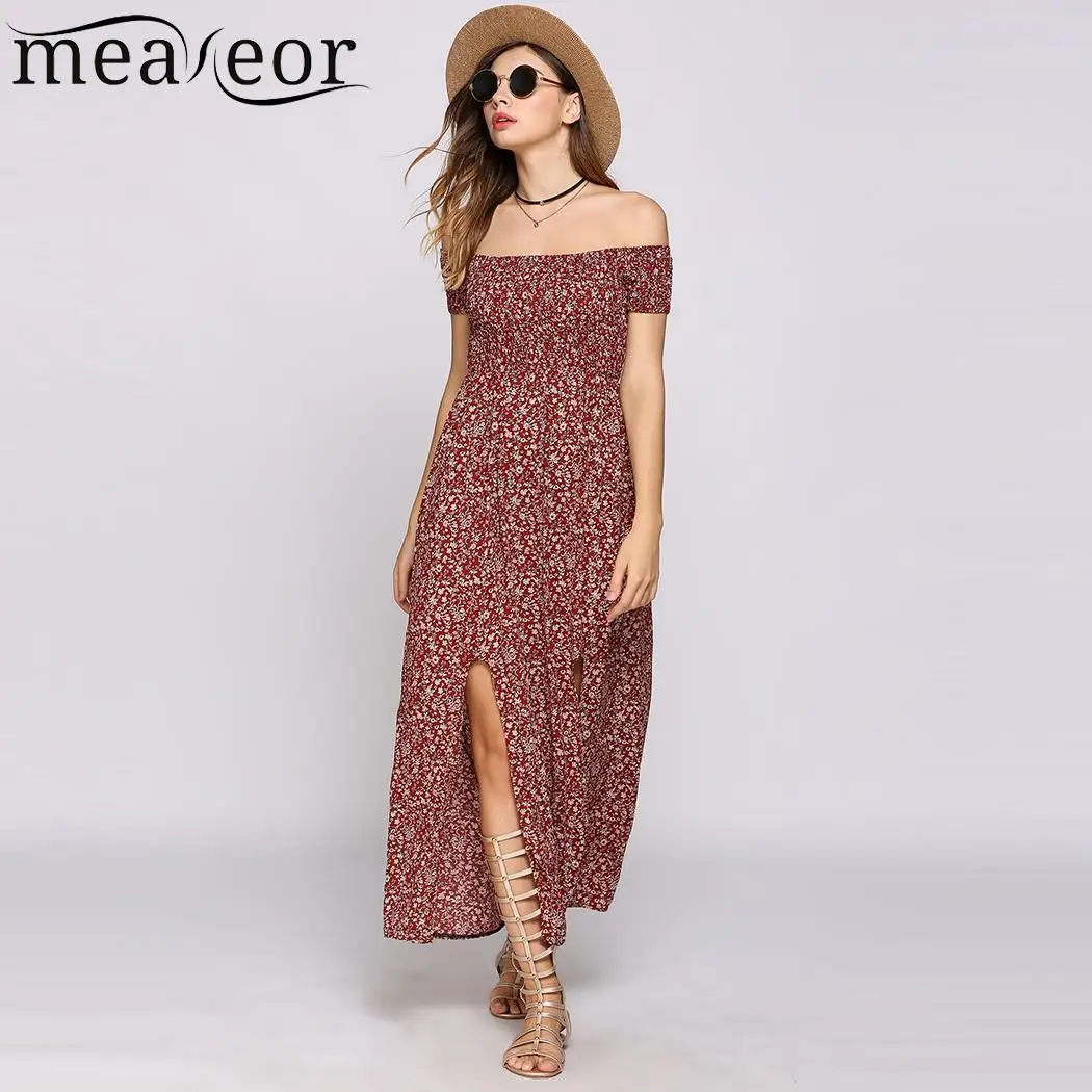 Boho рукав от плеча короткие Стиль Цветочный принт Разделение низ пляжные