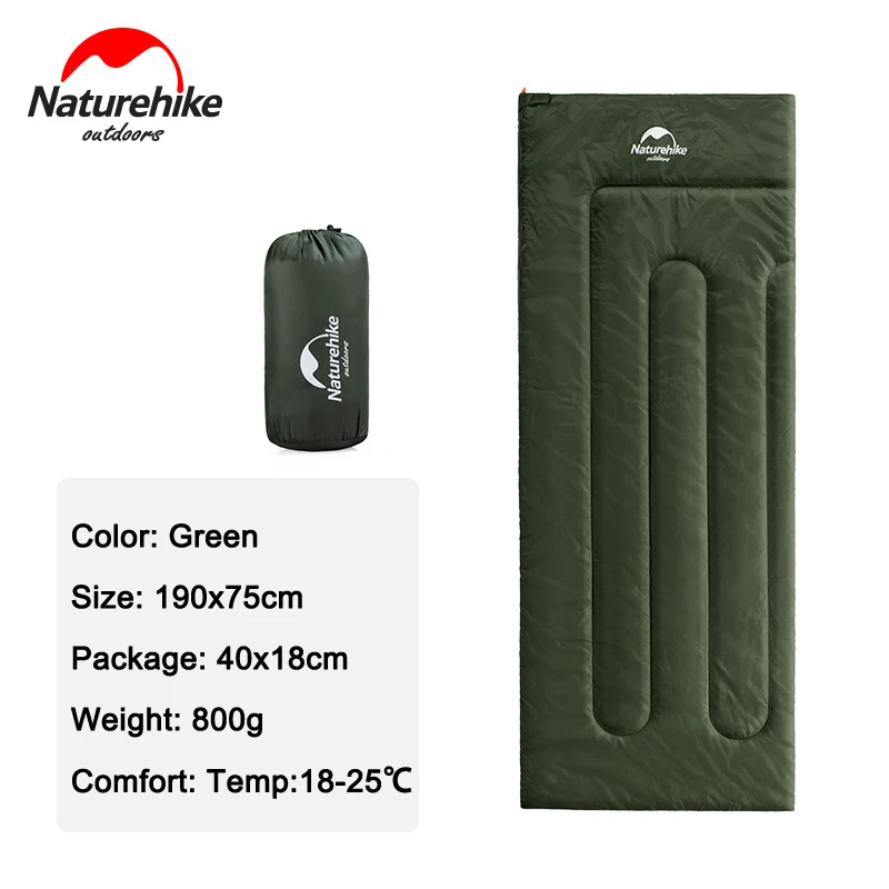 Green 190x75cm Naturehike весна лето осень секция Сверхлегкий портативный конверт хлопок спальный мешок Кемпинг 190x75 205x85 см спальный мешок - Цвет: Green 190x75cm