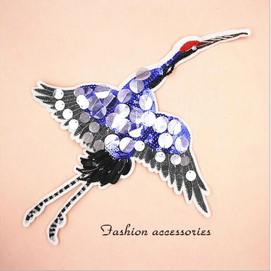 

Paillette Sequins Embroidered Crane Patch Clothes Stickers Bag Sew on Patches On Applique DIY Apparel Sewing Clothing DIY BU111