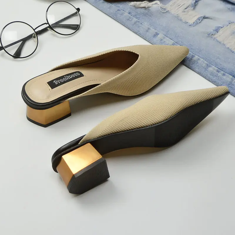 Женская обувь; заостренные квадратные Тапочки ручной вязки; zapatos de mujer; туфли без задника на среднем каблуке 4,5 см