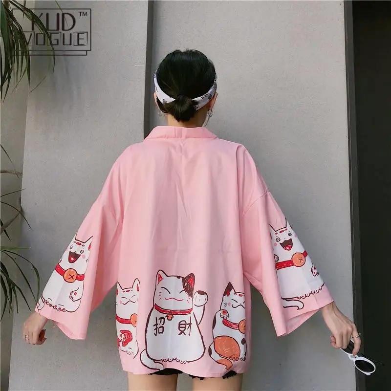 Кимоно женское в японском стиле кардиган Харадзюку юката кавайная кошечка