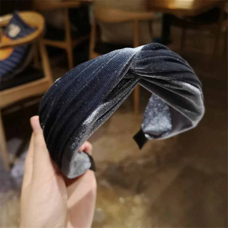 Blue Gray 1 шт. Винтаж Для женщин в Корейском стиле для девочек, Одноцветный вельветовый ободок для волос аксессуары, лента для волос для девочек с повязкой на голову, возраст однотонные Цвет ретро крест Головные уборы - Цвет: Blue Gray