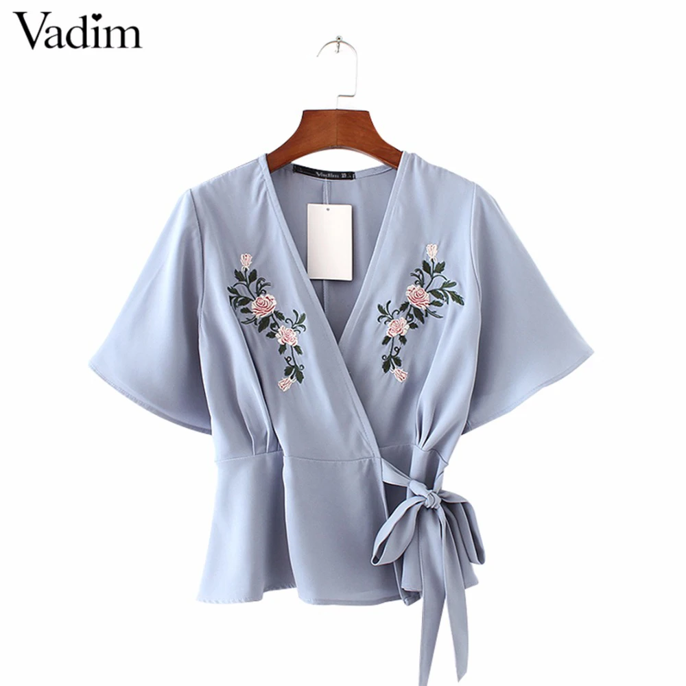 Рубашка женская с коротким рукавом цветочной вышивкой крестиком и поясом DT912|blouse