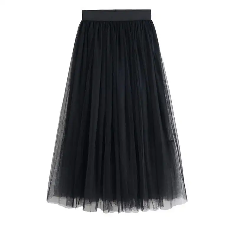 Summer Tulle Long Skirts Women Black Beige Gray White Mesh Pleated Skirt Layers Boal Gown Girl Vacation Beach Skirts