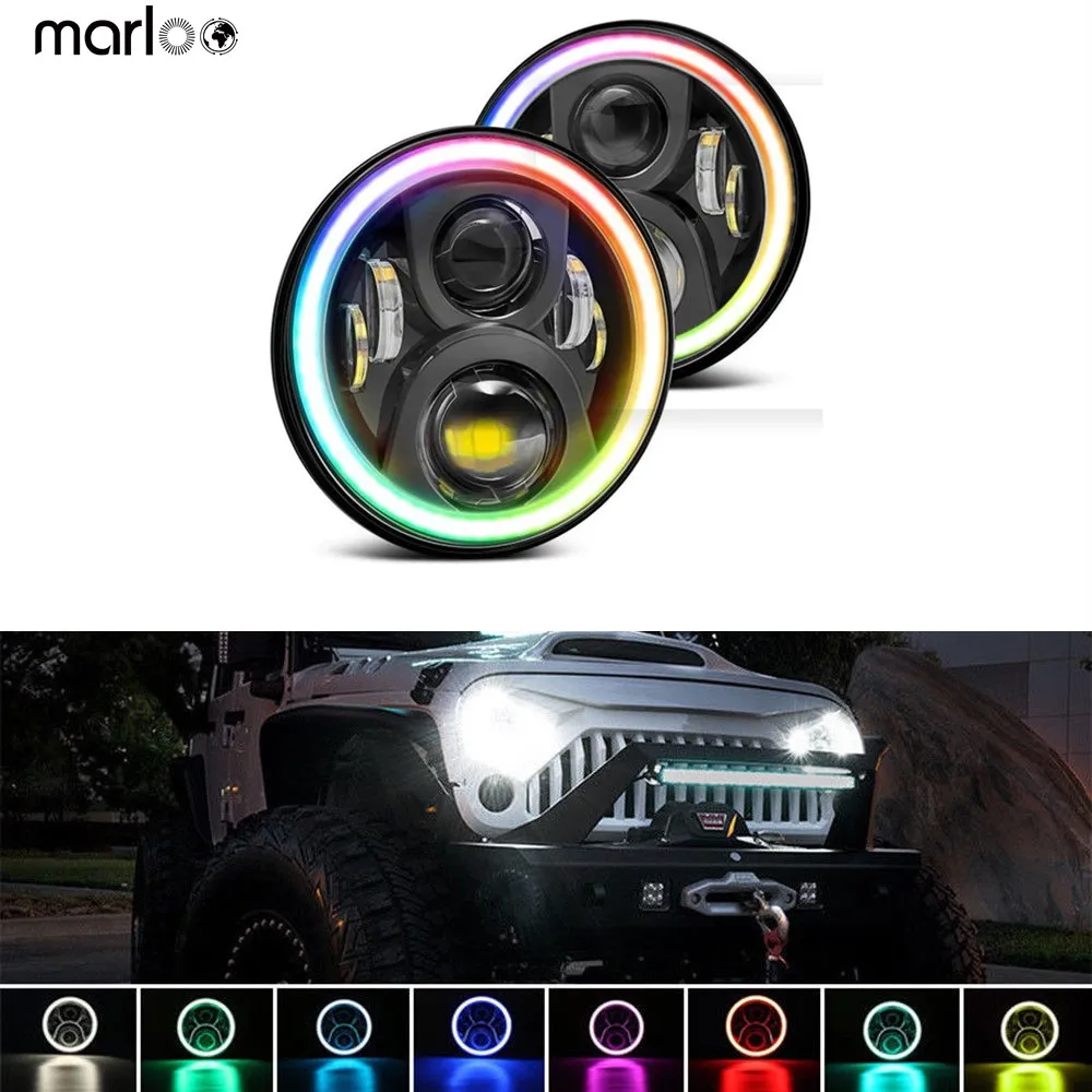 

Светодиодная фара RGB 7 дюймов, 7-дюймовая круглая фара DRL, RGB ангельский глаз, кольцо Ореола, приложение, Bluetooth, светодиодный Jeep Wrangler JK LJ CJ TJ