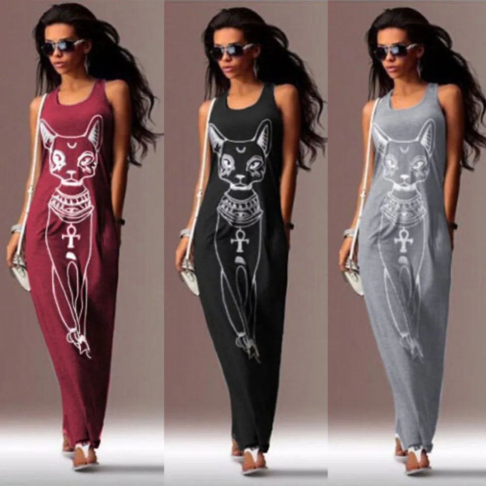 Новинка 2018 женское платье с принтом котенка без рукавов | Женская одежда
