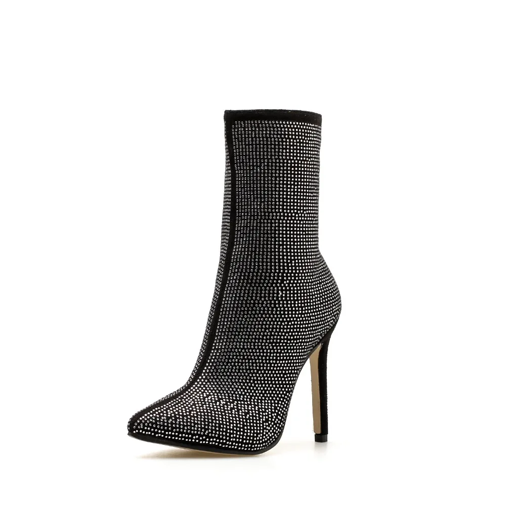 New Design Women Fashion Pointed Toe Bling Mid Calf Rhinestone Boots Crystal High Heels Boots Luxury Thin Heel Boots Female Shoe